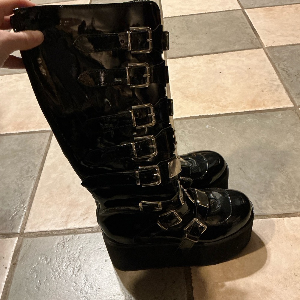 Dolls Kill Shiny Black Buckle Boots